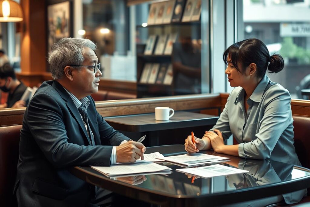 專業調解人員在安全公共場所協助債務人與債權人談判的場景,三方徵信社專員在場 專業調解人員在安全公共場所協助債務人與債權人談判的場景,三方徵信社專員在場