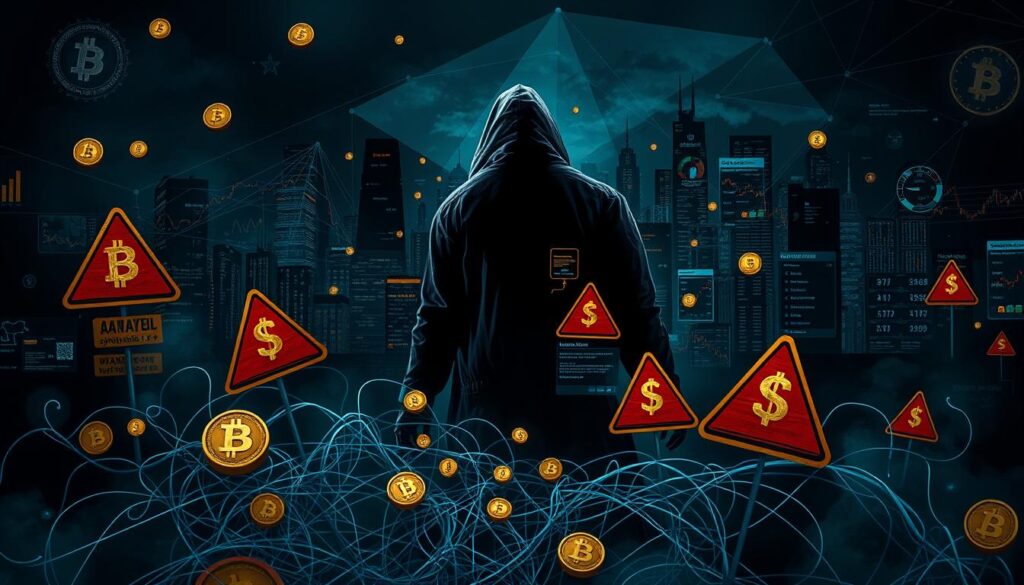 A detailed, high-resolution image depicting the risks and dangers of cryptocurrency fraud. The scene shows a sinister figure lurking in the shadows, surrounded by digital currency symbols and warning signs. The foreground features a tangled web of financial transactions and suspicious activities, while the middle ground showcases data visualizations and analytical tools used to uncover fraud. The background is a dark, ominous cityscape, representing the complex and unregulated nature of the cryptocurrency market. Dramatic lighting and a moody, tense atmosphere emphasize the gravity of the situation. The overall composition conveys the importance of vigilance and the need for comprehensive strategies to combat virtual currency scams.