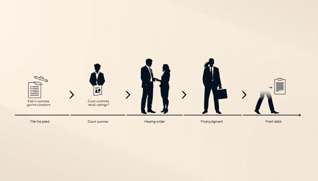 A Detailed, Step-By-Step Illustration Of The Civil Lawsuit Enforcement Process, Depicted In A Clean, Minimalist Style. The Foreground Shows The Key Stages, Such As Filing The Complaint, Court Summons, Hearing, And Final Judgment Order, Using Simple Icons And Diagrams. The Middle Ground Features Silhouettes Of Lawyers And Clients, Emphasizing The Legal Expertise And Support Available. The Background Has A Subtle Gradient, Evoking A Sense Of Professionalism And Authority. Soft Lighting Creates A Calm, Authoritative Atmosphere, While The Angles Provide A Balanced, Informative Perspective. The Overall Composition Aims To Clearly Communicate The Legal Procedures Involved In Resolving Unpaid Debts Through The Civil Justice System.