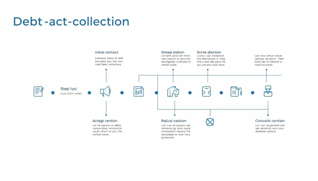 A Detailed Step-By-Step Process Diagram Of A Debt Collection Procedure. Crisp, Clean Lines And Minimalist Geometric Shapes Depicting The Different Stages, From Initial Contact To Legal Action. Cool, Muted Color Palette With Shades Of Blue And Gray, Conveying A Sense Of Professionalism And Authority. The Diagram Is Presented Against A Plain White Background, Allowing The Information To Be The Sole Focus. Various Icons And Symbols Are Used To Visually Represent Each Step, Creating A Clear And Intuitive Flow. The Overall Impression Is One Of A Methodical, Well-Structured Approach To Resolving Outstanding Debts.