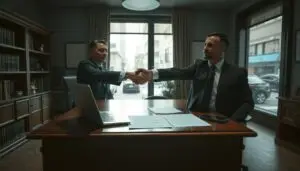 懲罰性違約金上限多少?民法第252條「酌減標準」 三方徵信社-律師見證/合約保證 A Dimly Lit Law Office Interior With A Focus On A Wooden Desk. On The Desk A Laptop Legal