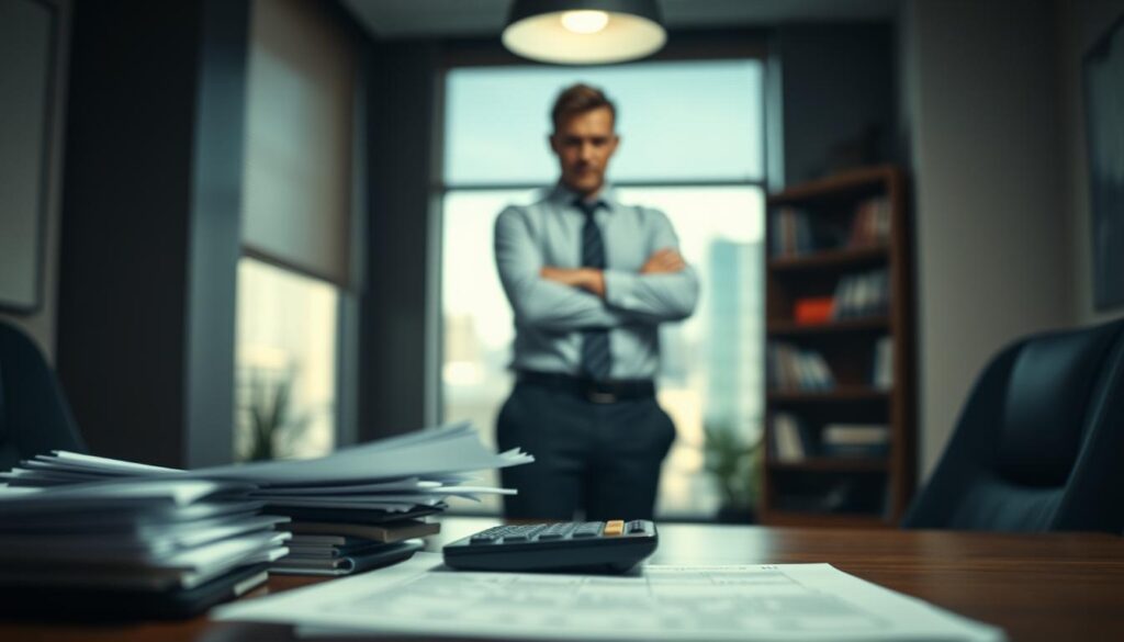 客戶拖欠貨款?我們的律師團隊助您追討貨款 三方徵信社-律師見證/合約保證 A Dimly Lit Office Interior, With A Desk In The Foreground. On The Desk, A Stack Of Documents And A Calculator, Symbolizing The Financial Challenges Of Unpaid Invoices. In The Middle Ground, A Business Person Standing, Their Expression Tense And Concerned, Reflecting The Stress Of Chasing Down Owed Payments. The Background Is Slightly Blurred, With A Bookshelf And A Window Revealing A Cityscape, Suggesting The Broader Legal And Financial Context. The Lighting Is Subdued, Creating A Sense Of Gravity And Unease. The Overall Mood Is One Of Careful Analysis And Trepidation, As The Subject Contemplates The Legal Risks Of Dealing With Delinquent Clients.