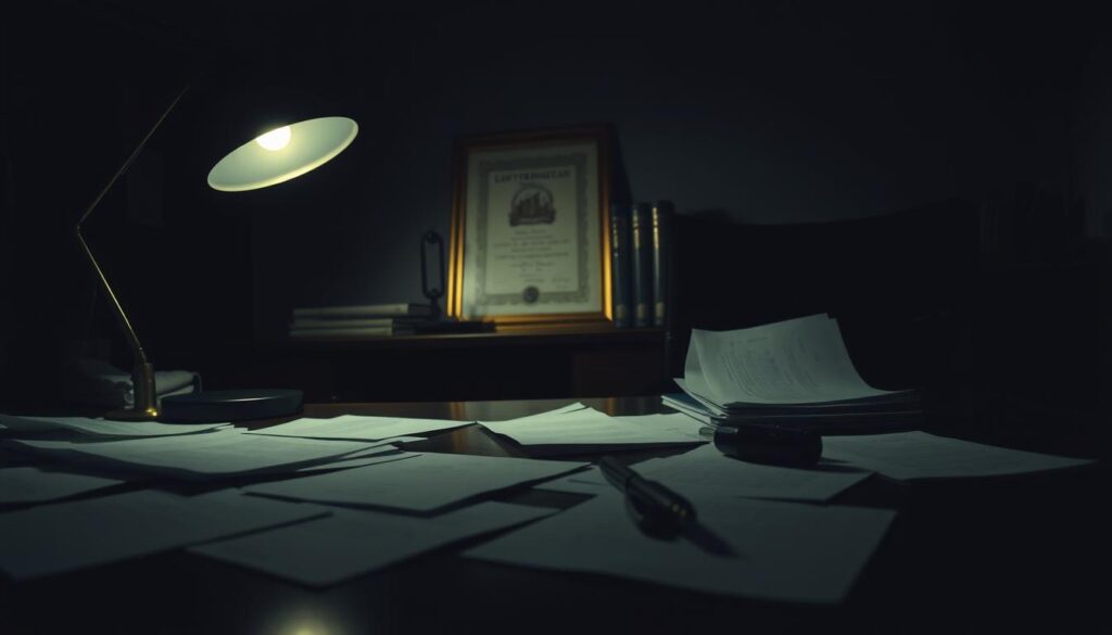 A Dimly Lit Office Setting, With A Detective'S Desk In The Foreground Illuminated By A Single Desk Lamp. On The Desktop, Scattered Papers, A Pen, And A Hidden Camera Reveal The Covert Nature Of The Scene. In The Middle Ground, A Framed Certificate And Books On Law And Investigation Hint At The Professional Expertise Required For This Sensitive Task. The Background Is Hazy, Suggesting An Air Of Secrecy And Discretion, As The Detective Carefully Examines The Gathered Evidence, Mindful Of The Legal Implications Of Their Actions.