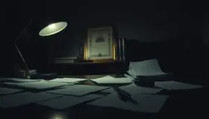 A dimly lit office setting, with a detective's desk in the foreground illuminated by a single desk lamp. On the desktop, scattered papers, a pen, and a hidden camera reveal the covert nature of the scene. In the middle ground, a framed certificate and books on law and investigation hint at the professional expertise required for this sensitive task. The background is hazy, suggesting an air of secrecy and discretion, as the detective carefully examines the gathered evidence, mindful of the legal implications of their actions.