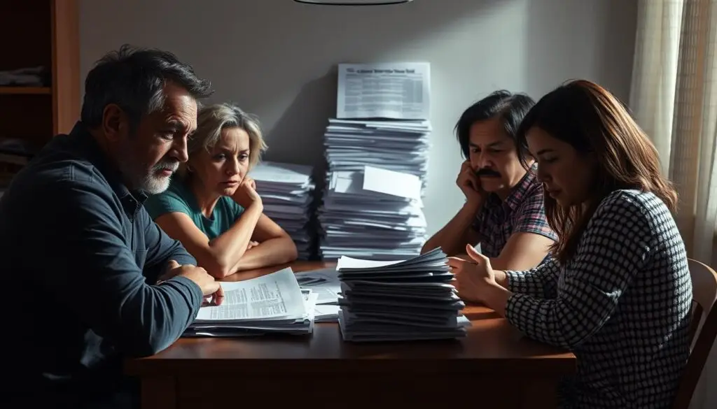 A Distressed Family Sitting Around A Table, Worried Expressions On Their Faces. In The Background, A Stack Of Bills And Documents, Symbolizing The Financial Burden Of High-Interest Loans. Dramatic Lighting Casts Shadows, Heightening The Sense Of Tension And Turmoil. The Scene Conveys The Emotional And Psychological Toll That Predatory Lending Can Have On A Household. The Family Members Appear To Be Discussing Options, Seeking A Way Out Of Their Predicament. An Air Of Uncertainty And Desperation Permeates The Image.