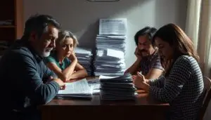 A distressed family sitting around a table, worried expressions on their faces. In the background, a stack of bills and documents, symbolizing the financial burden of high-interest loans. Dramatic lighting casts shadows, heightening the sense of tension and turmoil. The scene conveys the emotional and psychological toll that predatory lending can have on a household. The family members appear to be discussing options, seeking a way out of their predicament. An air of uncertainty and desperation permeates the image.