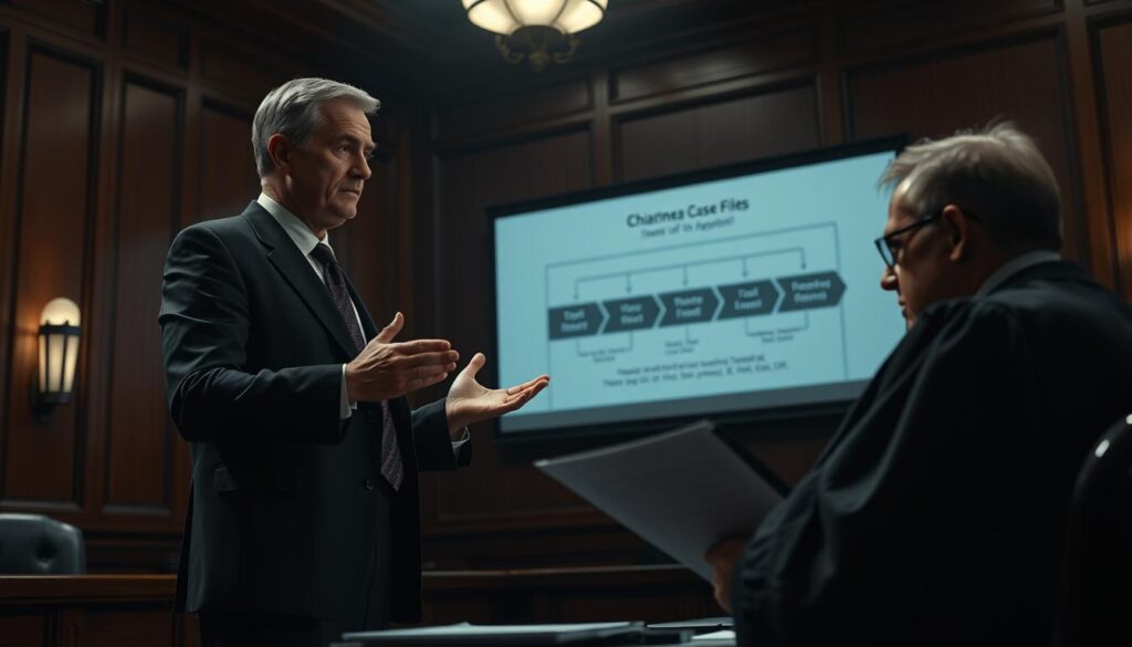 A High-Contrast, Cinematic Scene Depicting A Formal Legal Proceeding, Focused On A Lawyer Presenting A Detailed Case File To A Stern-Faced Judge In A Wood-Paneled Courtroom. Dramatic Low-Angle Lighting Casts Dramatic Shadows, Emphasizing The Gravity Of The Situation. The Lawyer Stands With An Authoritative Posture, Gesturing Towards A Projected Slideshow That Illustrates The &Quot;支付命令實戰案例解析&Quot; Process Step-By-Step. The Judge Examines The Case File Intently, Brow Furrowed In Concentration. The Atmosphere Is Tense Yet Professional, Conveying The Importance Of The Legal Proceedings.