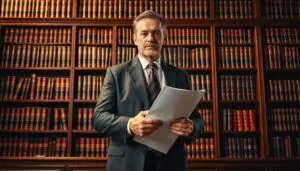 A Lawyer Standing Confidently In A Courtroom Gesturing To Legal Documents In Hand The