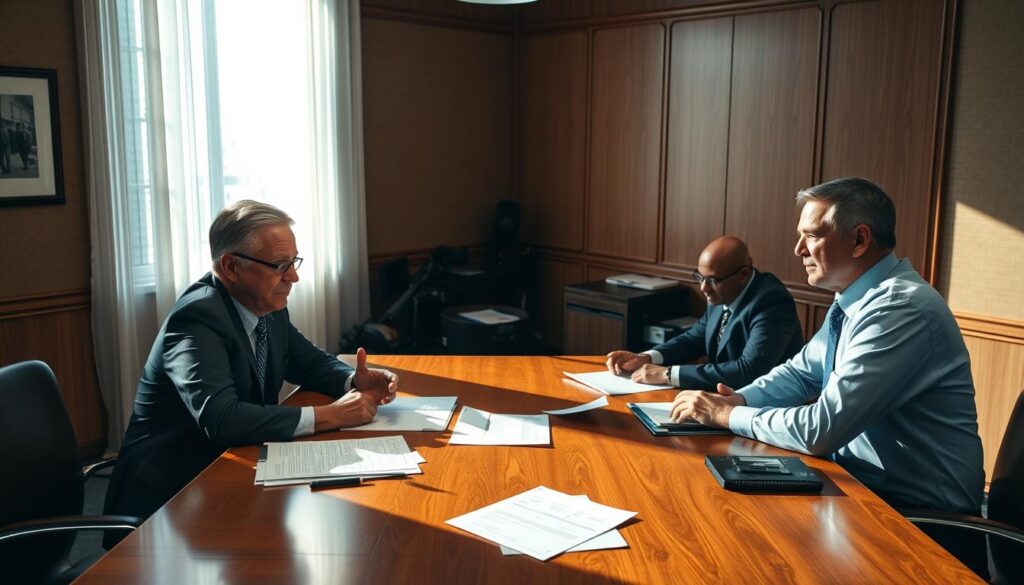 A Meeting Room With A Polished Wooden Table, Three People Sitting Around It Engaged In A Serious Discussion. Bright Window Light Illuminates Their Faces, Casting Shadows That Highlight The Gravity Of Their Expressions. One Person Gestures Emphatically, While The Others Listen Intently, Papers And Documents Scattered Across The Table. The Room Exudes A Professional, Analytical Atmosphere, The Occupants Appearing To Be Experienced Practitioners Deeply Immersed In The Details Of A Complex Case. Subtle Hints Of Law Enforcement Or Private Investigation Equipment Can Be Seen In The Background, Hinting At The Nature Of Their Work.