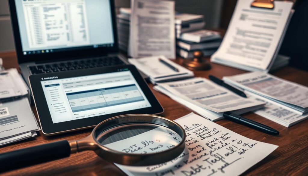 A Meticulously Organized Desk, Illuminated By Soft, Warm Lighting, Showcases An Array Of Carefully Curated Evidence. Neatly Arranged Documents, Receipts, And Financial Records Sit Alongside A Laptop, Its Screen Displaying Detailed Transaction Histories. In The Foreground, A Magnifying Glass Hovers Over A Handwritten Note, The Penmanship A Clue To The Personal Nature Of The Debt Dispute. The Middle Ground Features A Tablet Displaying A Comprehensive Timeline Of The Debt Accrual, While The Background Subtly Suggests A Law Office Or Professional Setting, Conveying The Gravity Of The Situation. The Overall Atmosphere Exudes A Sense Of Diligence, Attention To Detail, And A Methodical Approach To Preserving The Essential Evidence Required For A Successful Debt Recovery.