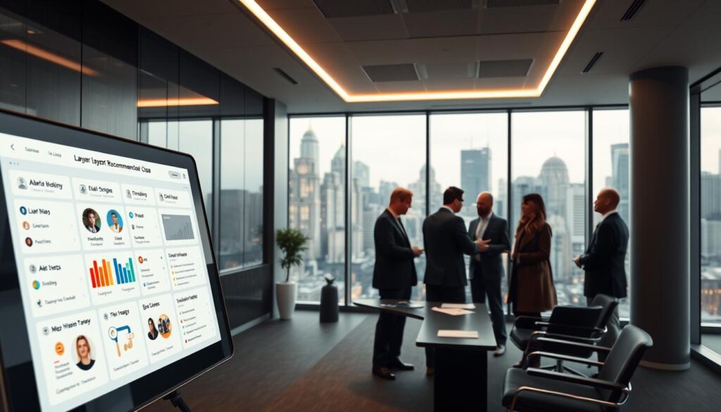 A Modern Law Office Interior With A Sleek And Professional Atmosphere. The Foreground Features A Large, Interactive Touchscreen Display Showcasing A &Quot;Lawyer Recommendation And Case Matching System&Quot; Interface. The Screen Depicts A User-Friendly Dashboard With Client Profiles, Case Details, And Ai-Driven Recommendations. In The Middle Ground, A Group Of Lawyers Are Engaged In Discussions, Collaborating On Case Strategies. The Background Depicts Floor-To-Ceiling Windows Overlooking A Bustling City Skyline, Conveying A Sense Of Authority And Influence. Soft, Directional Lighting Illuminates The Space, Creating A Sense Of Clarity And Focus. The Overall Mood Is One Of Efficiency, Technology, And Legal Expertise.