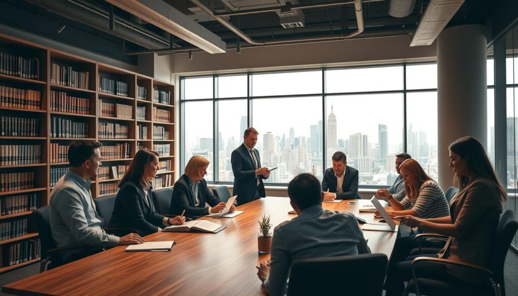 A Modern, Professional Office Interior With A Collaborative Team Of Lawyers And Investigators Working Together. In The Foreground, A Group Of Well-Dressed Individuals Gathered Around A Large Wooden Conference Table, Engaged In A Lively Discussion. Soft, Warm Lighting Illuminates The Scene, Creating A Sense Of Productivity And Problem-Solving. The Middle Ground Features Bookshelves Lining The Walls, Conveying An Atmosphere Of Legal Expertise And Research. In The Background, Large Windows Offer A View Of A Bustling City Skyline, Hinting At The Dynamic And Far-Reaching Nature Of Their Services. The Overall Mood Is One Of Efficacy, Trust, And A Commitment To Finding Solutions.