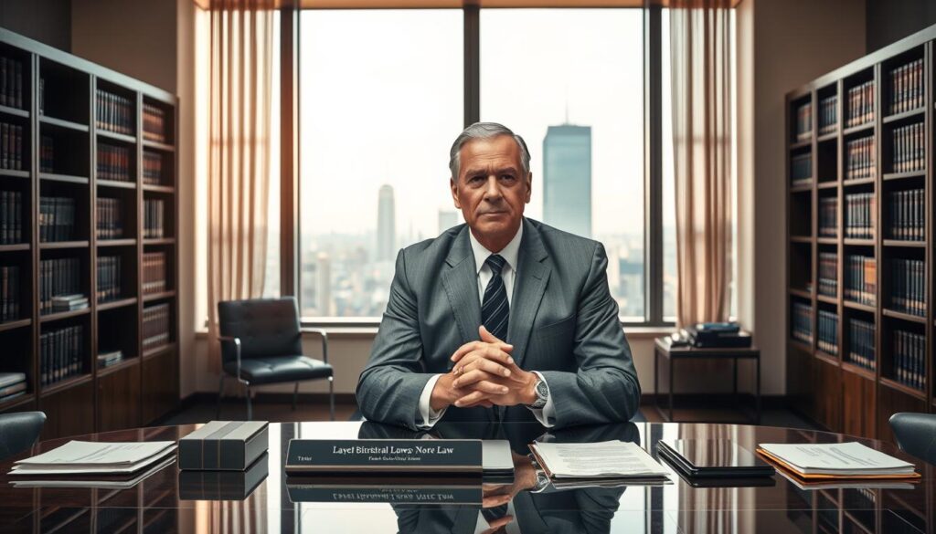A Modern, Well-Appointed Law Office With A Professional, Authoritative Atmosphere. At The Center, A Distinguished, Middle-Aged Lawyer In A Well-Tailored Suit Sits At A Neatly Organized Desk, Hands Clasped As They Lean Forward Attentively. Behind Them, Large Windows Offer A Panoramic City Skyline View, Bathing The Scene In Warm, Natural Light. On The Desk, A Nameplate, Legal Documents, And A Tablet Or Laptop Hint At The Lawyer'S Expertise. Bookshelves Line The Walls, Conveying Their Extensive Legal Knowledge. An Air Of Trust, Competence, And Personalized Attention Pervades The Scene, Inviting The Viewer To Seek The Lawyer'S Guidance.