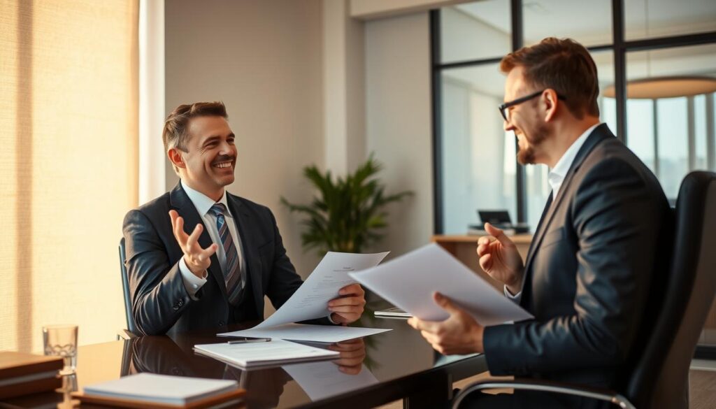 A Neatly-Dressed Lawyer In A Modern Office Setting, Sitting At A Desk And Gesturing Confidently While Discussing Legal Documents With A Satisfied Client. Warm Lighting From A Large Window Illuminates The Scene, Creating A Professional Yet Approachable Atmosphere. The Client'S Expression Is One Of Relief And Gratitude, Emphasizing The Successful Outcome Of The Legal Consultation. The Room Is Tastefully Decorated With Minimalist Decor, Placing The Focus On The Interaction Between The Lawyer And Client. A Sense Of Trust, Expertise, And Problem-Solving Radiates From The Image.