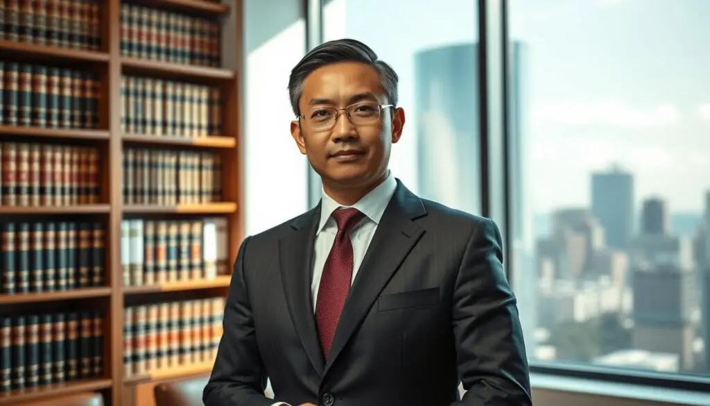 A Professional Lawyer In A Classic Suit, Standing Confidently In A Well-Lit Legal Office. The Background Features A Bookshelf Filled With Legal Tomes, And A Large Window Overlooking A Bustling Cityscape. The Lawyer'S Expression Exudes Expertise And Trustworthiness, Ready To Provide Comprehensive Legal Support, From Criminal To Family Law Matters. Soft, Directional Lighting Illuminates The Scene, Creating A Sense Of Authority And Professionalism. The Composition Is Balanced, With The Lawyer Positioned As The Focal Point, Conveying The Message Of &Quot;专业律师推薦&Quot; Through Their Assured Presence And Demeanor.