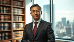 A Professional Lawyer In A Classic Suit Standing Confidently In A Well Lit Legal Office. The