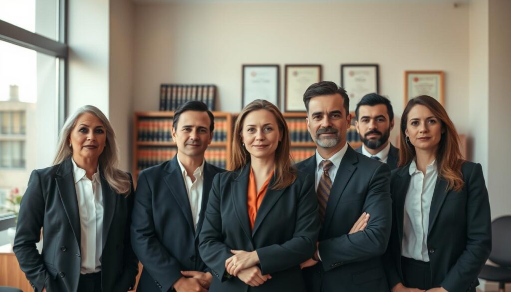 A Professional Team Of Lawyers In Formal Attire, Standing Together In A Modern Law Office. The Foreground Features The Lawyers, With Serious Expressions, Exuding An Aura Of Expertise And Authority. In The Middle Ground, Shelves Of Law Books And Certificates On The Walls Suggest A Well-Established Practice. The Background Is Softly Blurred, Creating A Sense Of Depth And Focus On The Lawyers. Warm, Natural Lighting From Large Windows Illuminates The Scene, Conveying A Feeling Of Openness And Transparency. The Overall Composition Communicates The Team'S Dedication To Providing Comprehensive Legal Services.
