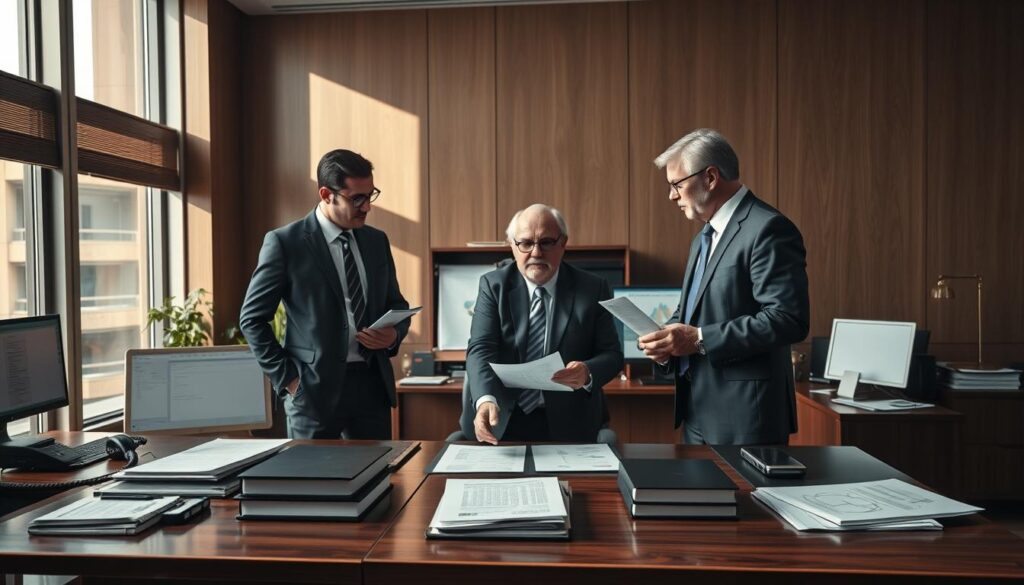 A professional, well-equipped office setting with a team of legal experts collaborating on a complex case. In the foreground, a trio of figures - a private investigator, a financial analyst, and a seasoned attorney - huddle over a sleek mahogany desk, deep in discussion. The middle ground showcases an array of legal documents, computer screens, and communication devices, conveying the high-stakes, data-driven nature of their work. The background features floor-to-ceiling windows, casting a warm, focused glow over the scene, evoking a sense of precision, expertise, and unwavering determination to uncover the truth. Crisp, high-contrast lighting and a subtle, professional color palette reinforce the authority and professionalism of the three-way partnership.