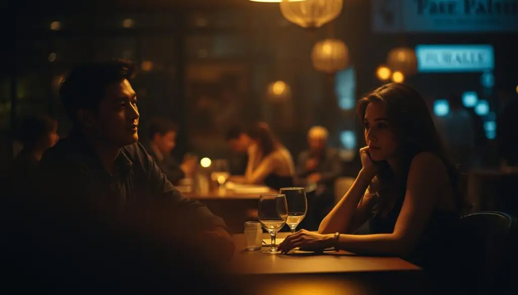 A romantic couple seated at a dimly lit restaurant table, the man's attention seemingly diverted as the woman's expression conveys a sense of distance and disconnect. The foreground is hazy, with a shallow depth of field that draws the eye to the changing dynamic between the pair. The middle ground features blurred out tables and other diners, suggesting a crowded but impersonal atmosphere. The background is obscured, creating an intimate, isolated feel. Dramatic, moody lighting casts long shadows, heightening the sense of emotional tension. An image that visually encapsulates the shifting frequency and intimacy of the couple's dates. A romantic couple seated at a dimly lit restaurant table, the man's attention seemingly diverted as the woman's expression conveys a sense of distance and disconnect. The foreground is hazy, with a shallow depth of field that draws the eye to the changing dynamic between the pair. The middle ground features blurred out tables and other diners, suggesting a crowded but impersonal atmosphere. The background is obscured, creating an intimate, isolated feel. Dramatic, moody lighting casts long shadows, heightening the sense of emotional tension. An image that visually encapsulates the shifting frequency and intimacy of the couple's dates.