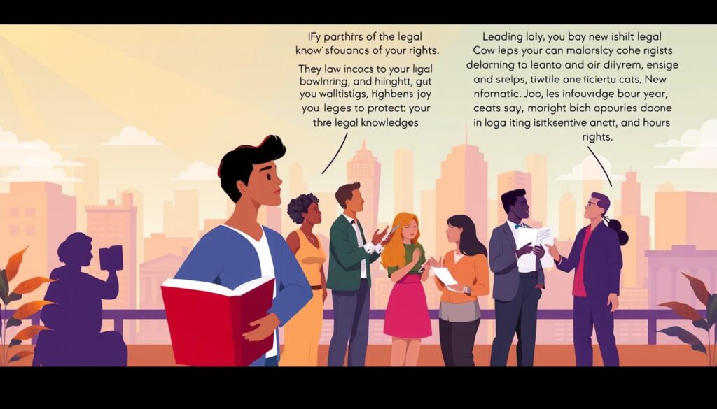 A Vibrant And Informative Illustration Depicting The Importance Of Legal Knowledge And Self-Advocacy. In The Foreground, A Person Stands Confidently, Holding An Open Law Book, Symbolizing Their Understanding Of Their Rights. In The Middle Ground, A Group Of Diverse Individuals Engage In Lively Discussions, Sharing Legal Information And Strategies For Protecting Their Interests. The Background Features A Stylized Cityscape, Hinting At The Broader Social And Institutional Context. Warm Lighting Imbues The Scene With A Sense Of Empowerment And Community. The Composition Conveys A Message Of Collective Action, Personal Empowerment, And The Dissemination Of Legal Knowledge As A Means To Safeguard One'S Rights.