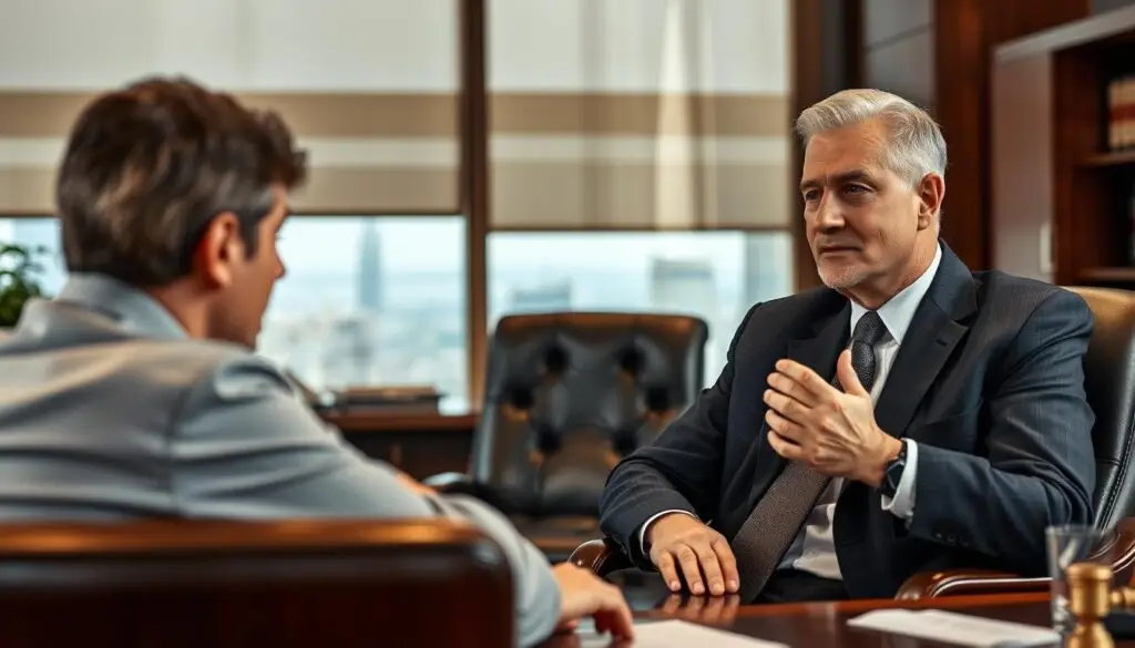 A Well-Lit, Professional Office Setting With A Wooden Desk, Leather Chairs, And A Large Window Overlooking A Cityscape. A Mature, Well-Dressed Lawyer Sits Across From A Worried-Looking Client, Engaged In A Serious Discussion. The Lawyer'S Expression Is Calm And Empathetic, While The Client'S Body Language Conveys Concern. The Scene Evokes An Atmosphere Of Trusted Legal Counsel And Practical Problem-Solving. Warm Lighting Highlights The Faces And Hands Of The Two Figures, Creating A Sense Of Intimacy And Focus Within The Frame.