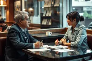 專業調解人員在安全公共場所協助債務人與債權人談判的場景，三方徵信社專員在場