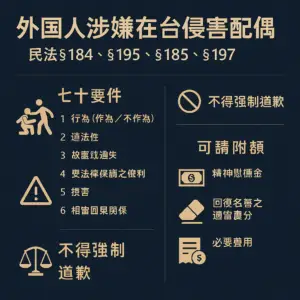 外籍人士涉嫌在台侵害配偶權-民事律師實務7案例 三方徵信社-律師見證/合約保證 外籍人士涉嫌在台侵害配偶權